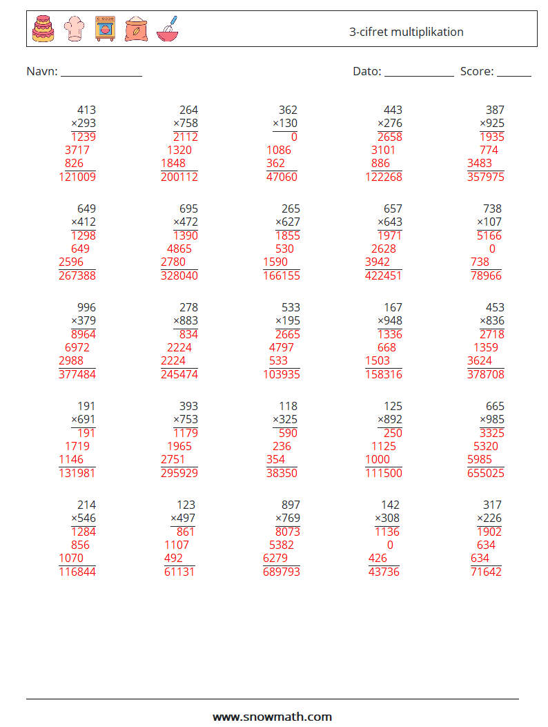 (25) 3-cifret multiplikation Matematiske regneark 15 Spørgsmål, svar