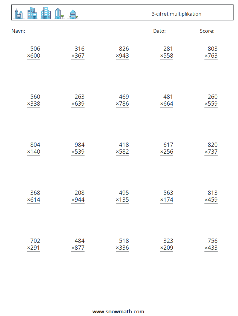 (25) 3-cifret multiplikation Matematiske regneark 16