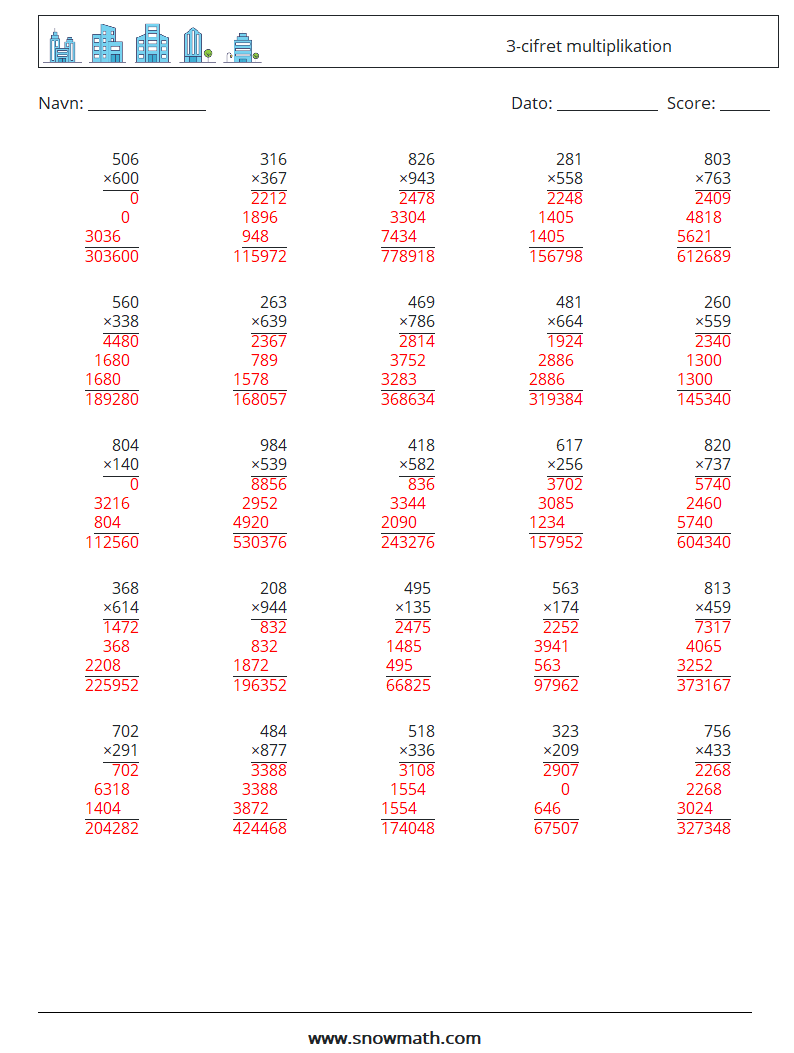 (25) 3-cifret multiplikation Matematiske regneark 16 Spørgsmål, svar