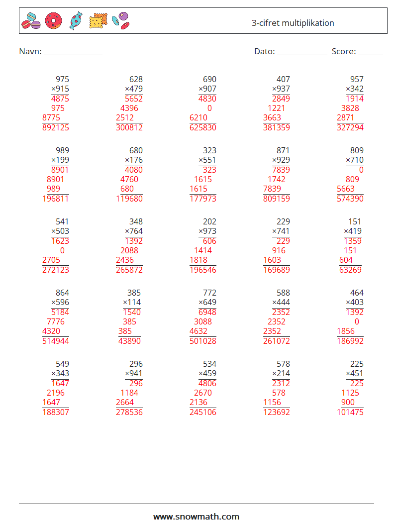 (25) 3-cifret multiplikation Matematiske regneark 17 Spørgsmål, svar