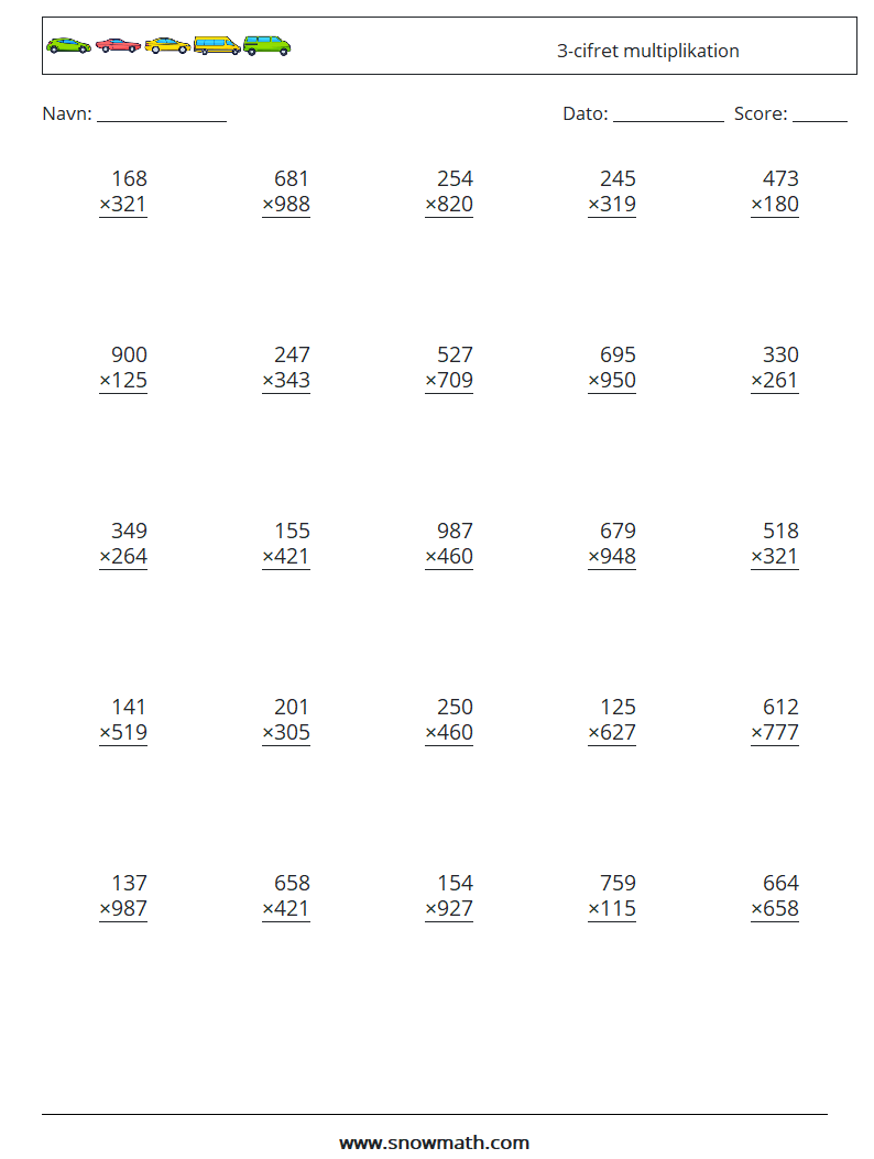 (25) 3-cifret multiplikation Matematiske regneark 18