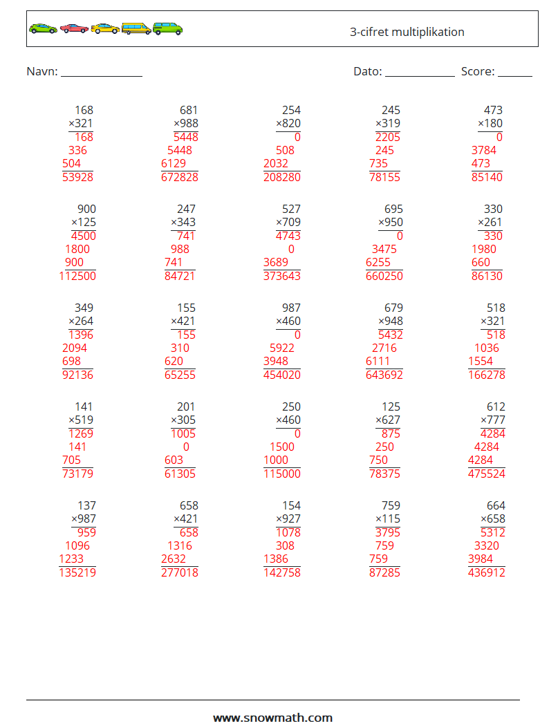 (25) 3-cifret multiplikation Matematiske regneark 18 Spørgsmål, svar