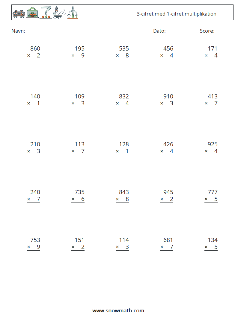 (25) 3-cifret med 1-cifret multiplikation Matematiske regneark 11