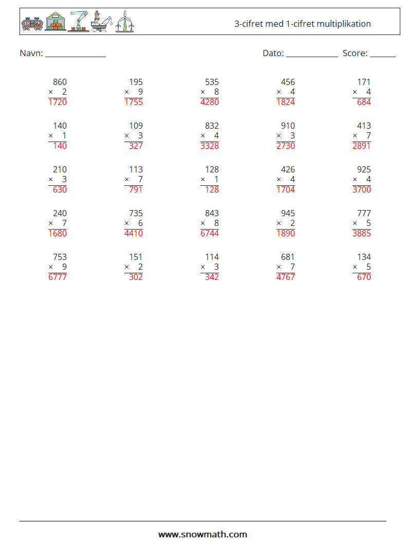 (25) 3-cifret med 1-cifret multiplikation Matematiske regneark 11 Spørgsmål, svar