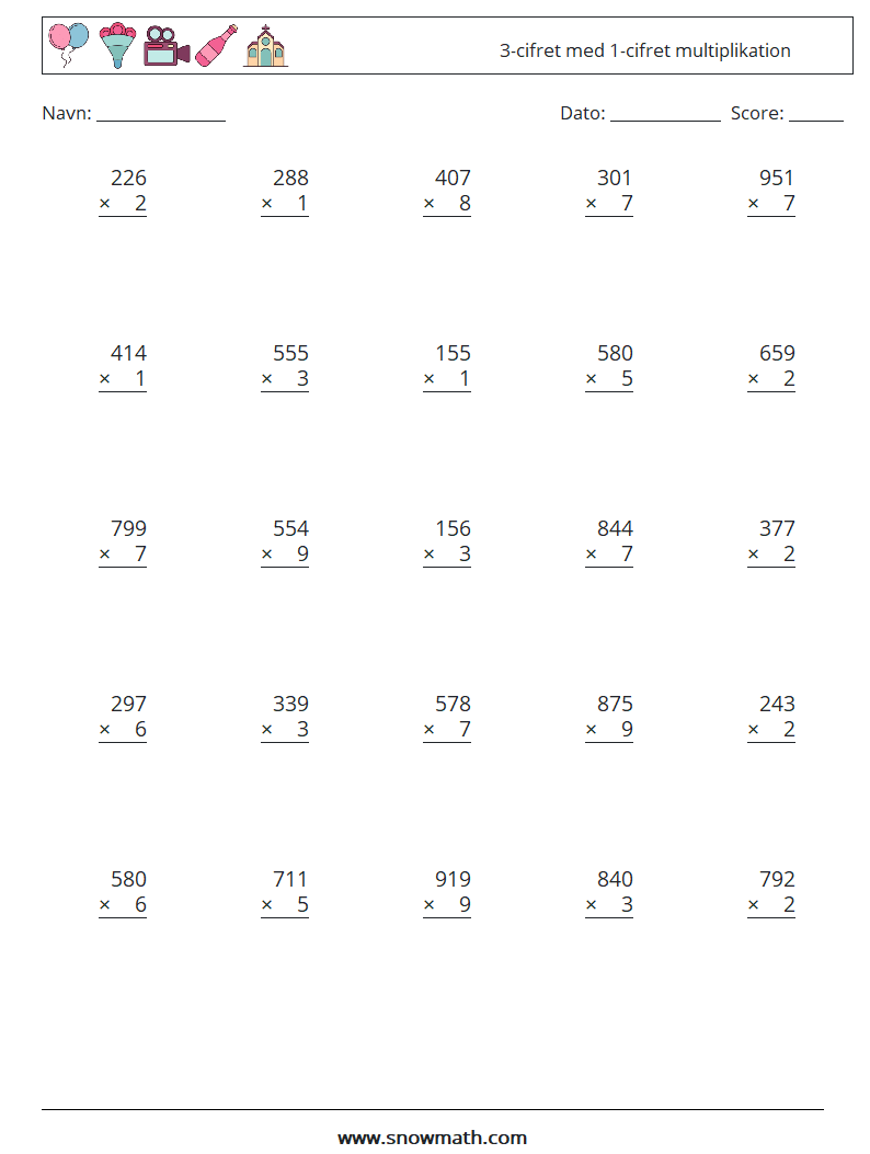 (25) 3-cifret med 1-cifret multiplikation Matematiske regneark 13