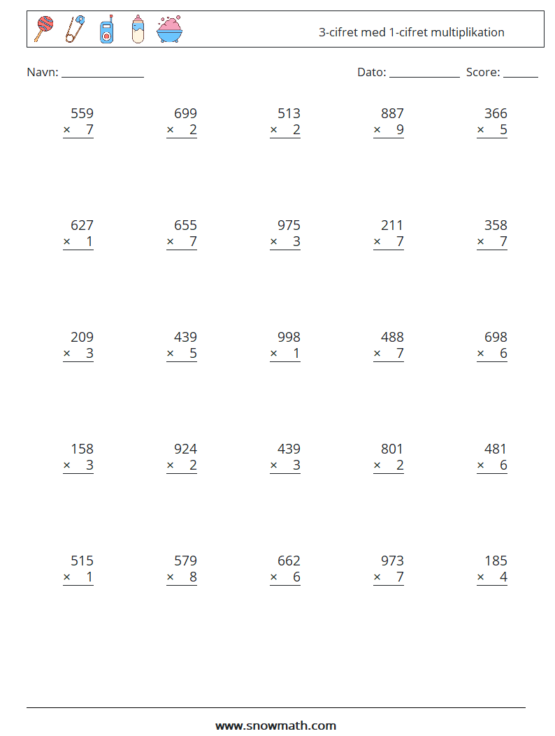 (25) 3-cifret med 1-cifret multiplikation Matematiske regneark 16