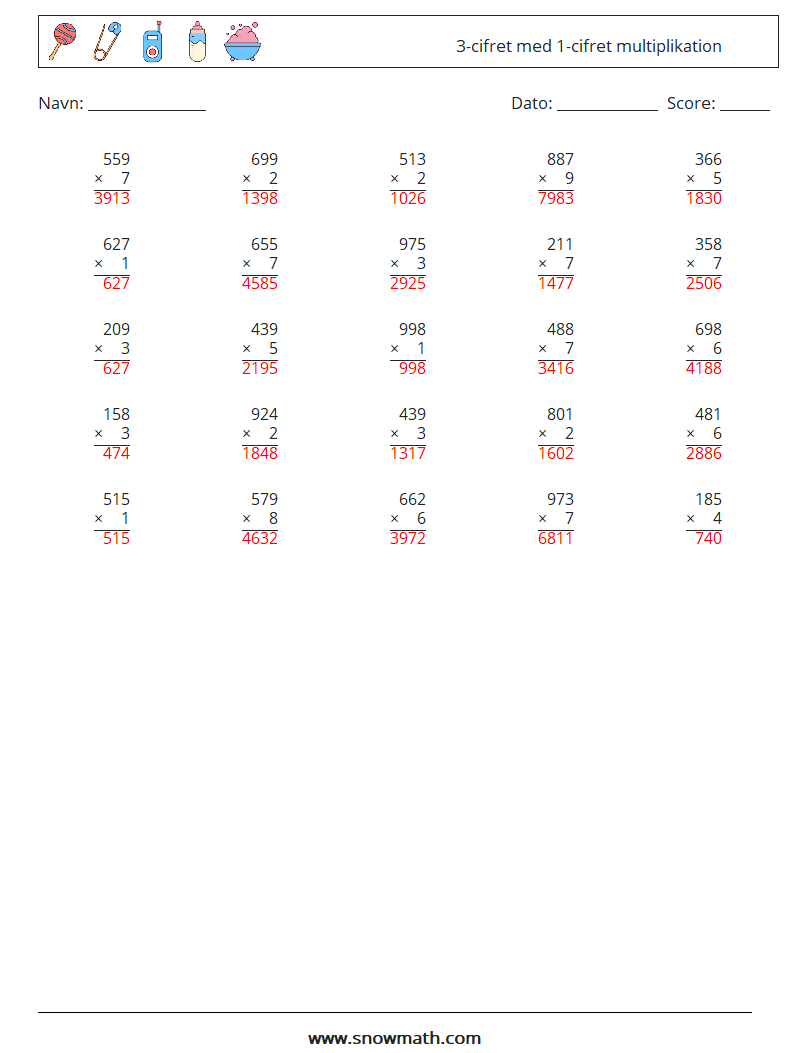 (25) 3-cifret med 1-cifret multiplikation Matematiske regneark 16 Spørgsmål, svar