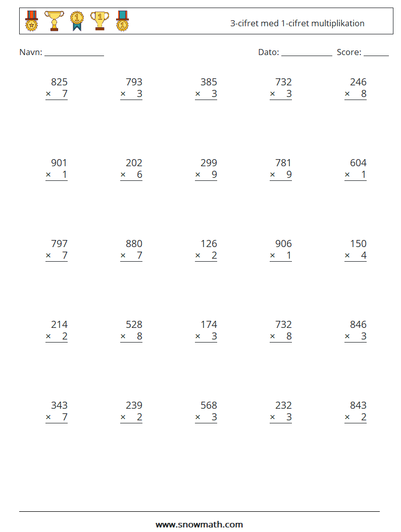 (25) 3-cifret med 1-cifret multiplikation Matematiske regneark 18