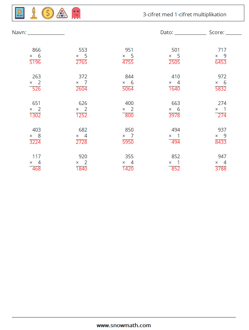 (25) 3-cifret med 1-cifret multiplikation Matematiske regneark 1 Spørgsmål, svar
