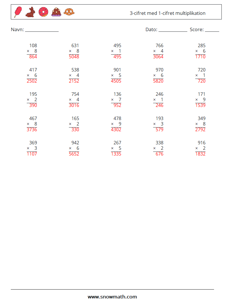 (25) 3-cifret med 1-cifret multiplikation Matematiske regneark 3 Spørgsmål, svar