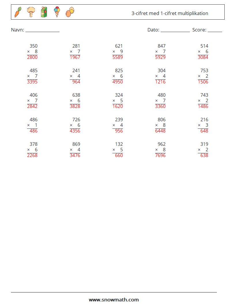 (25) 3-cifret med 1-cifret multiplikation Matematiske regneark 4 Spørgsmål, svar