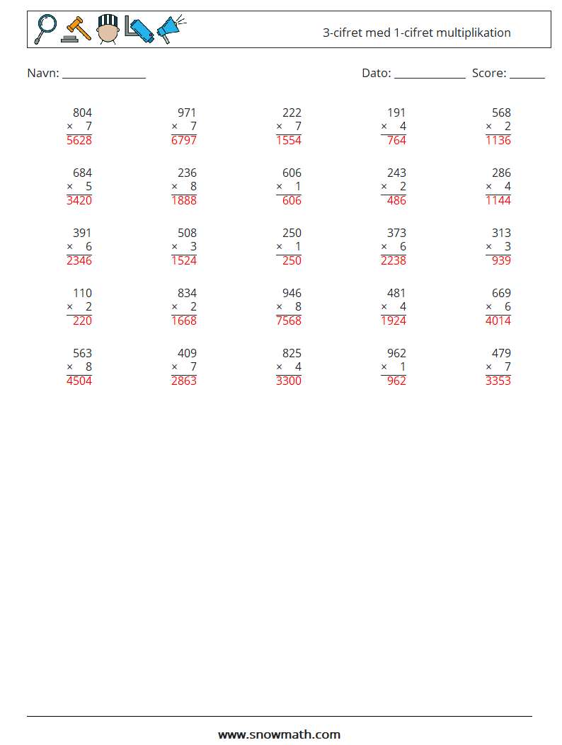 (25) 3-cifret med 1-cifret multiplikation Matematiske regneark 5 Spørgsmål, svar