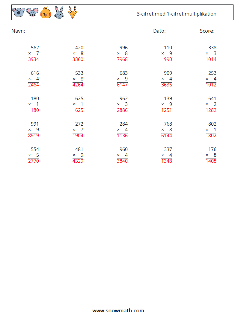(25) 3-cifret med 1-cifret multiplikation Matematiske regneark 6 Spørgsmål, svar