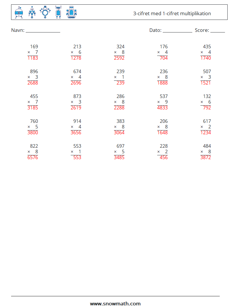(25) 3-cifret med 1-cifret multiplikation Matematiske regneark 7 Spørgsmål, svar