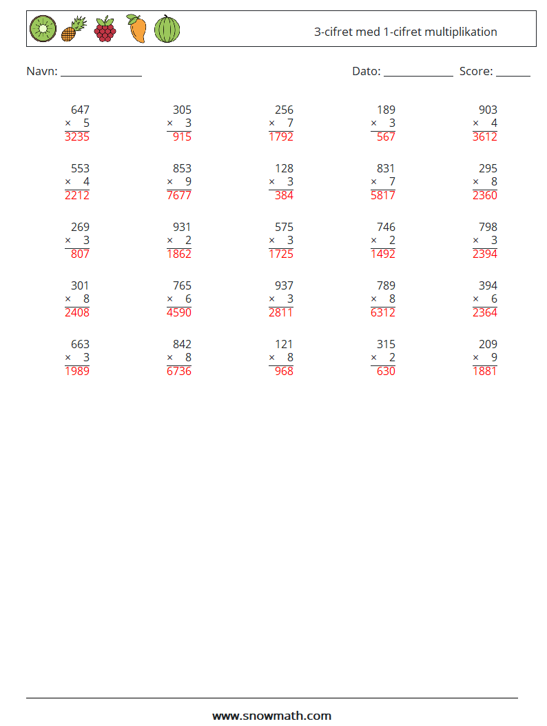 (25) 3-cifret med 1-cifret multiplikation Matematiske regneark 9 Spørgsmål, svar