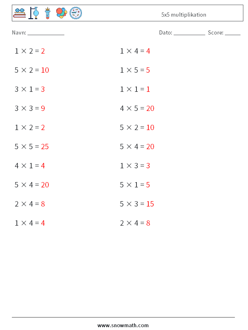 (20) 5x5 multiplikation Matematiske regneark 1 Spørgsmål, svar