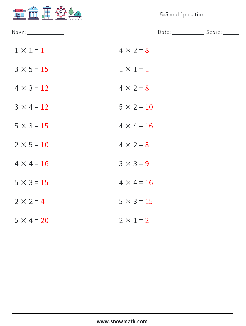 (20) 5x5 multiplikation Matematiske regneark 2 Spørgsmål, svar