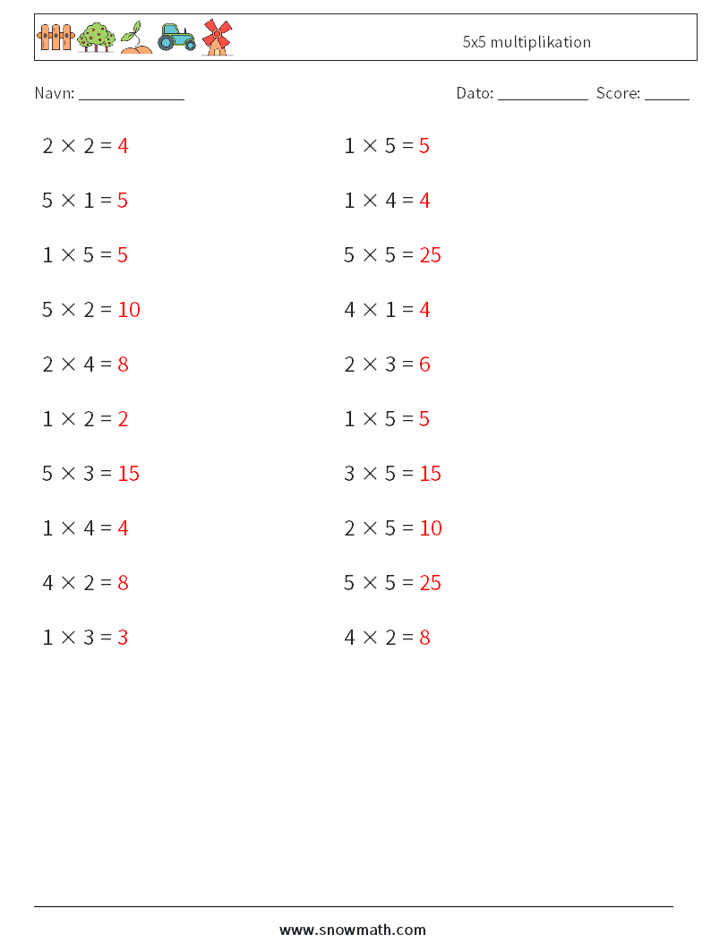 (20) 5x5 multiplikation Matematiske regneark 3 Spørgsmål, svar