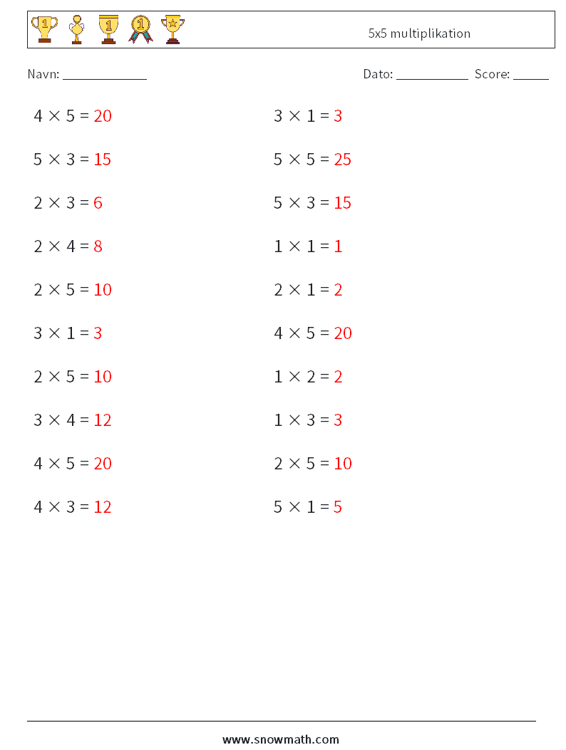 (20) 5x5 multiplikation Matematiske regneark 4 Spørgsmål, svar