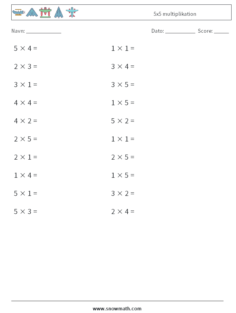 (20) 5x5 multiplikation Matematiske regneark 5