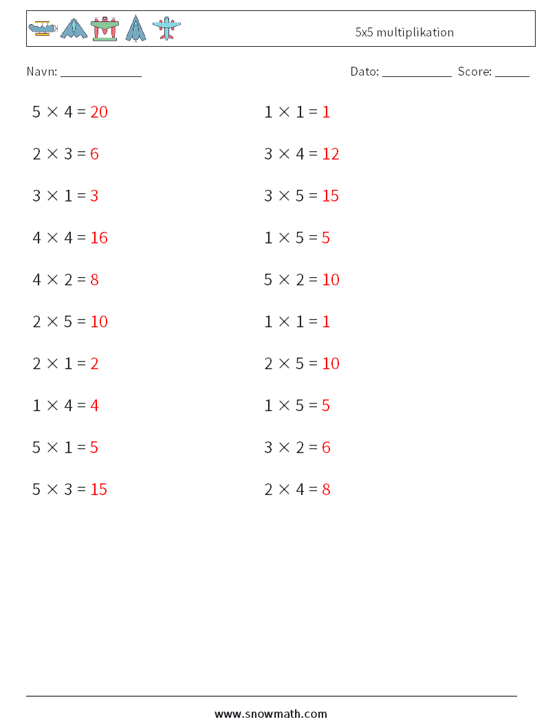 (20) 5x5 multiplikation Matematiske regneark 5 Spørgsmål, svar