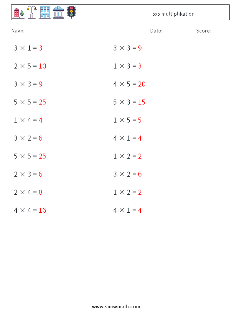 (20) 5x5 multiplikation Matematiske regneark 6 Spørgsmål, svar