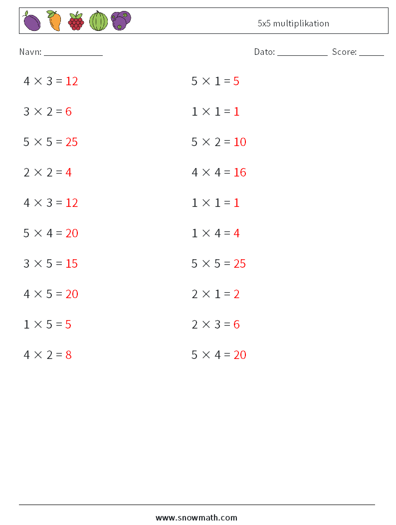 (20) 5x5 multiplikation Matematiske regneark 7 Spørgsmål, svar