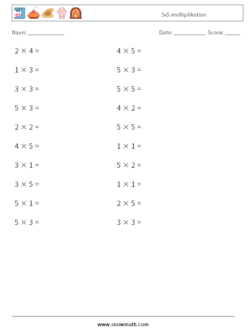 (20) 5x5 multiplikation Matematiske regneark 8