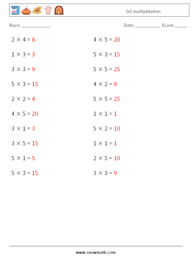 (20) 5x5 multiplikation Matematiske regneark 8 Spørgsmål, svar