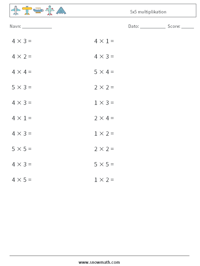 (20) 5x5 multiplikation Matematiske regneark 9