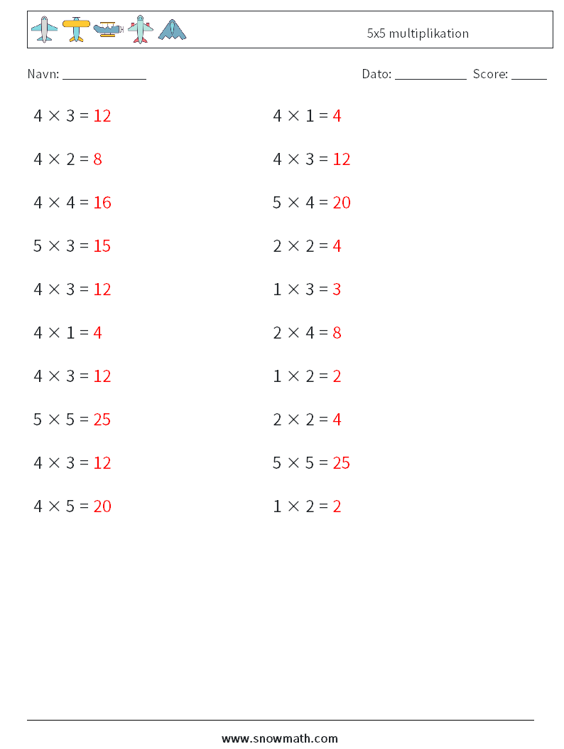 (20) 5x5 multiplikation Matematiske regneark 9 Spørgsmål, svar