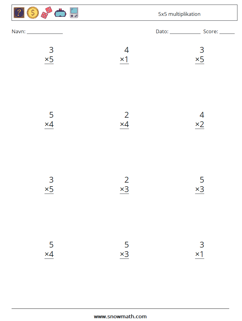 (12) 5x5 multiplikation Matematiske regneark 6