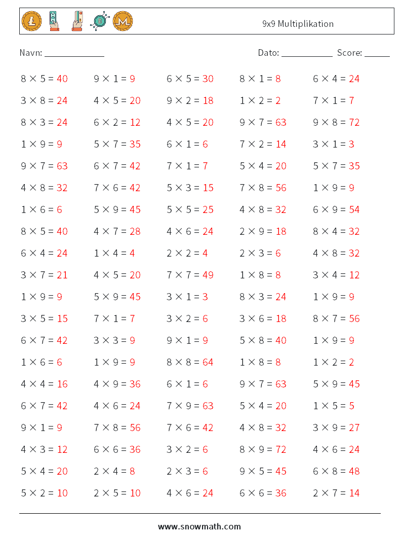 (100) 9x9 Multiplikation Matematiske regneark 1 Spørgsmål, svar