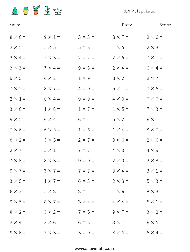 (100) 9x9 Multiplikation Matematiske regneark 3