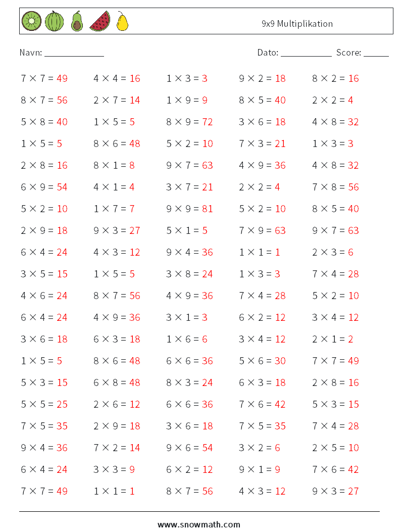 (100) 9x9 Multiplikation Matematiske regneark 4 Spørgsmål, svar