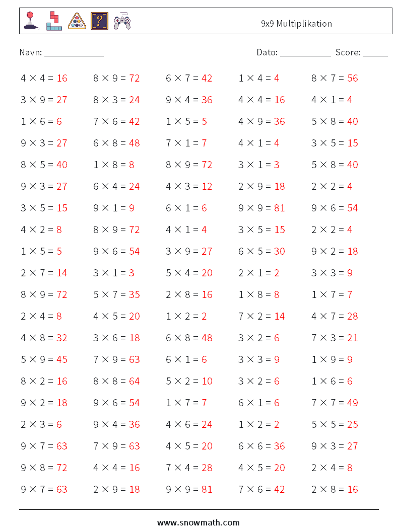 (100) 9x9 Multiplikation Matematiske regneark 5 Spørgsmål, svar