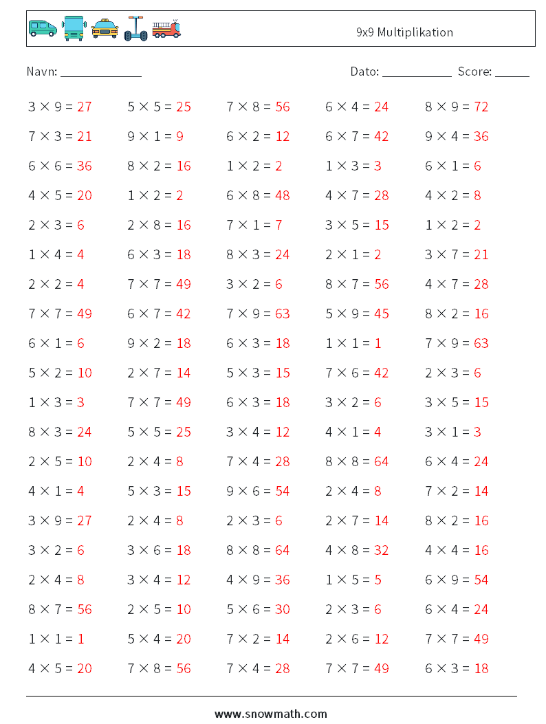 (100) 9x9 Multiplikation Matematiske regneark 6 Spørgsmål, svar