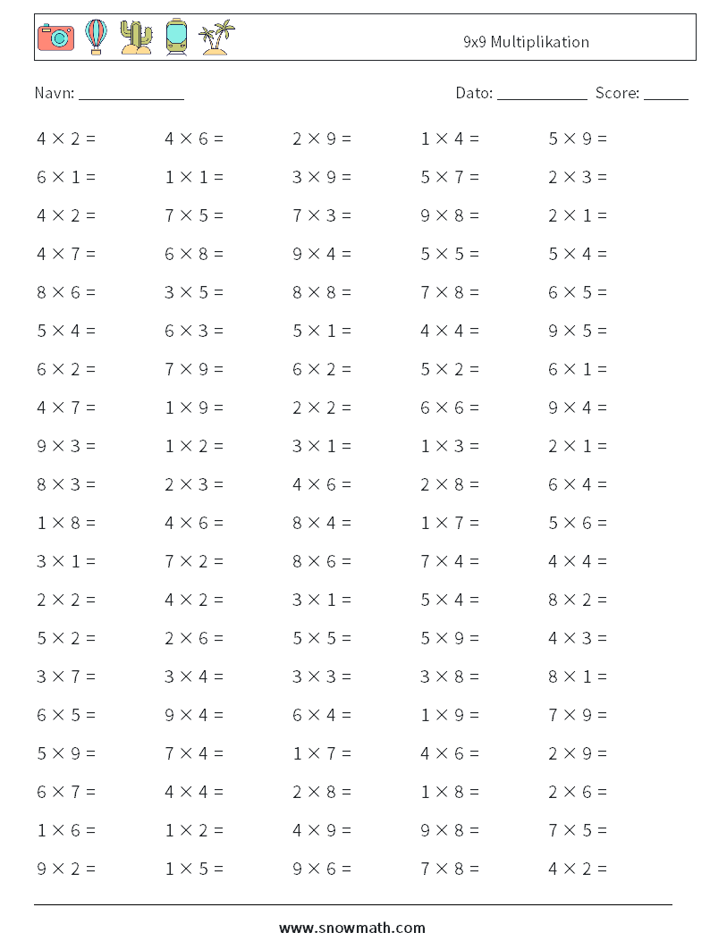 (100) 9x9 Multiplikation Matematiske regneark 8
