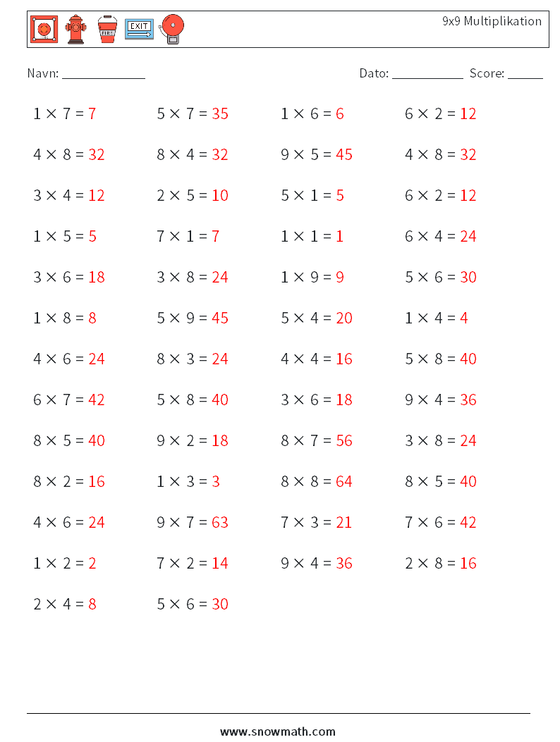(50) 9x9 Multiplikation Matematiske regneark 1 Spørgsmål, svar
