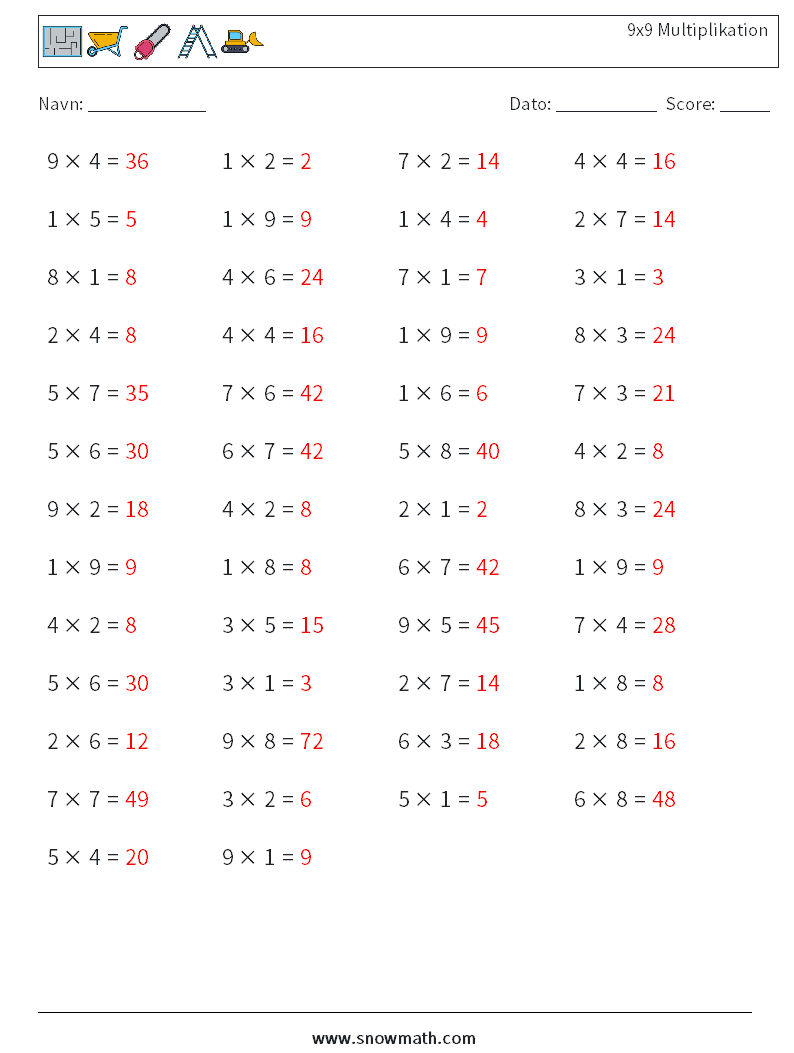 (50) 9x9 Multiplikation Matematiske regneark 2 Spørgsmål, svar