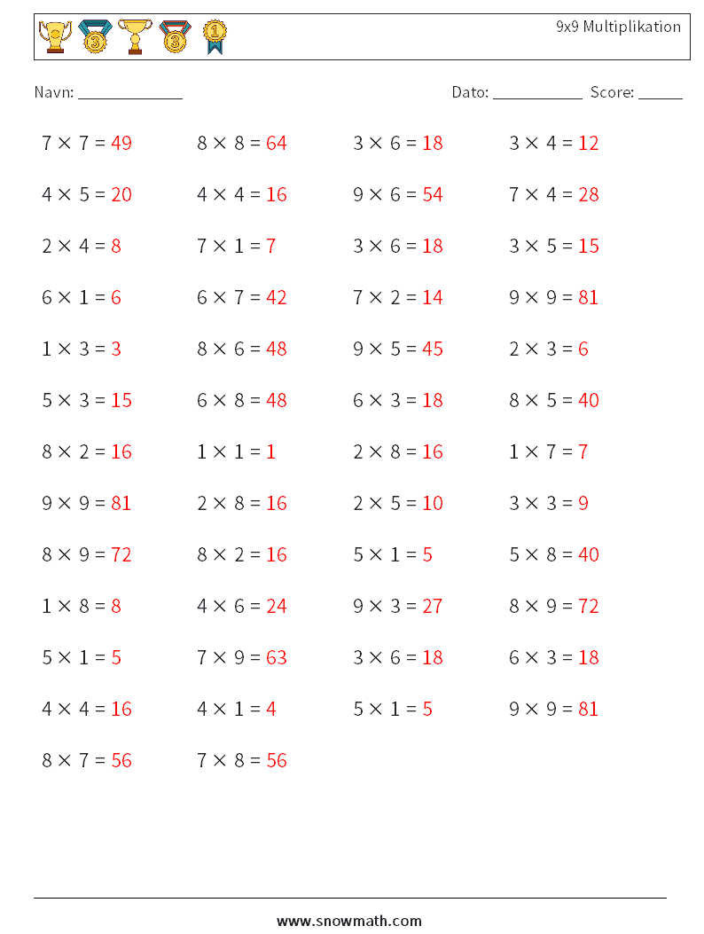 (50) 9x9 Multiplikation Matematiske regneark 4 Spørgsmål, svar
