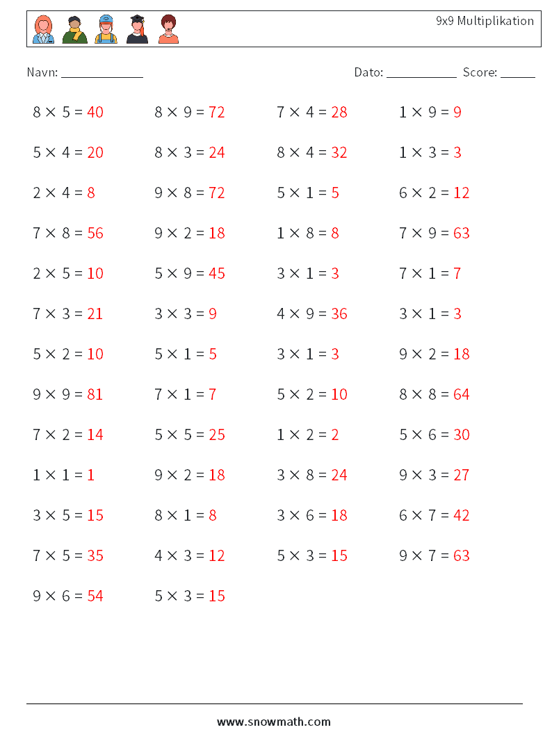 (50) 9x9 Multiplikation Matematiske regneark 5 Spørgsmål, svar