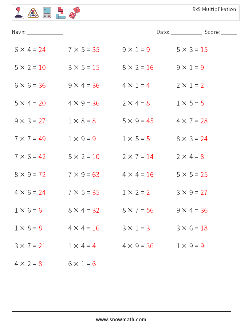 (50) 9x9 Multiplikation Matematiske regneark 6 Spørgsmål, svar