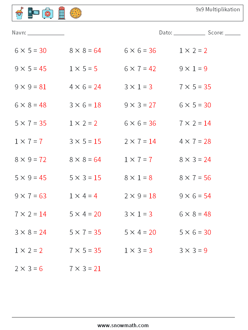 (50) 9x9 Multiplikation Matematiske regneark 7 Spørgsmål, svar