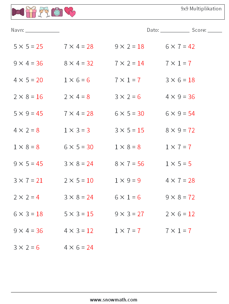 (50) 9x9 Multiplikation Matematiske regneark 9 Spørgsmål, svar