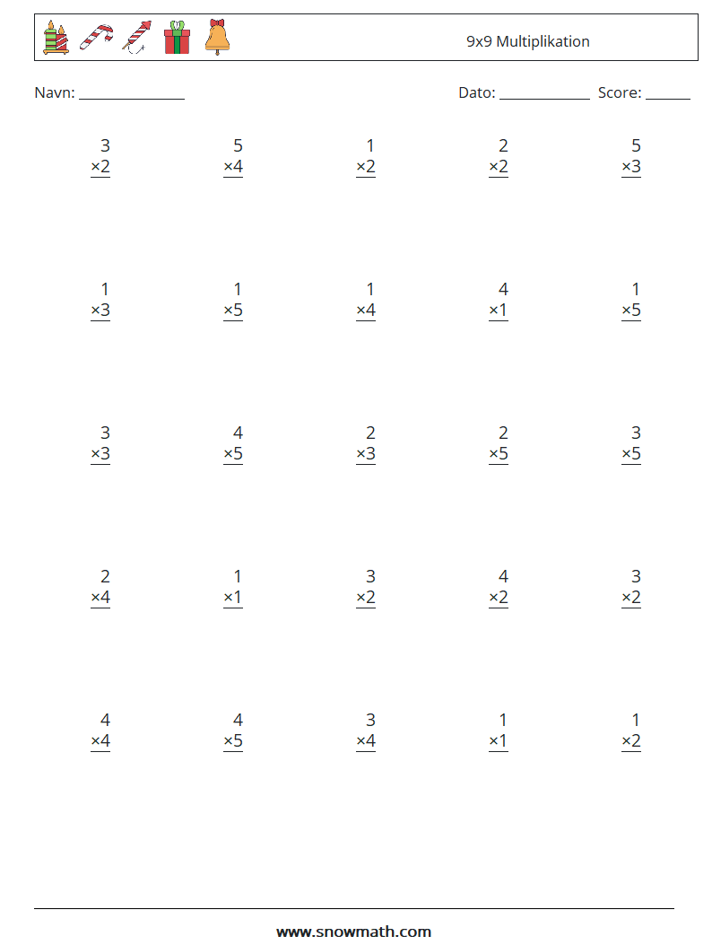 (25) 9x9 Multiplikation Matematiske regneark 2