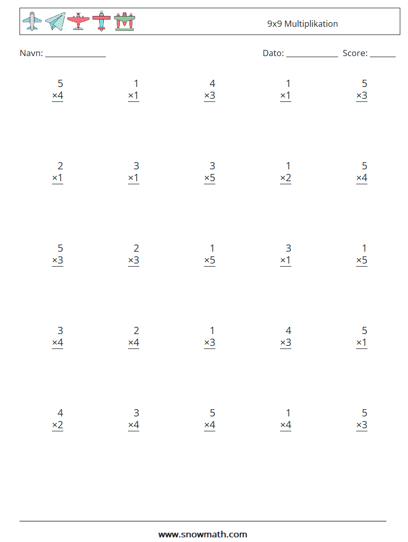 (25) 9x9 Multiplikation Matematiske regneark 5