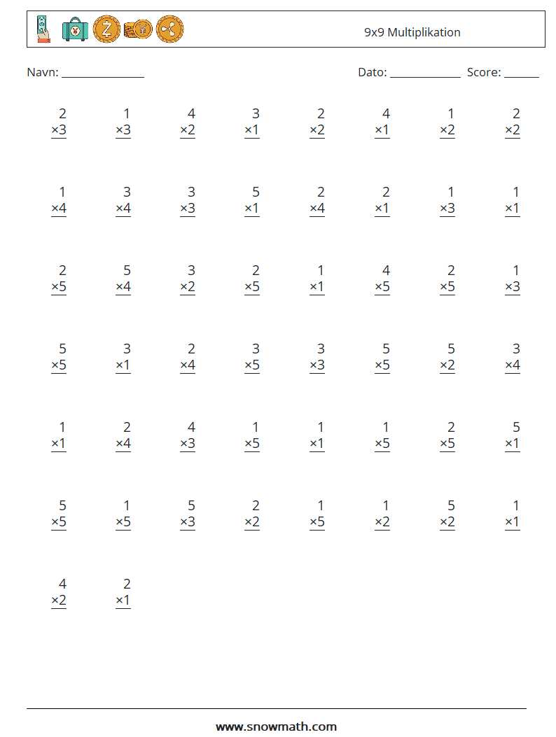 (50) 9x9 Multiplikation Matematiske regneark 6