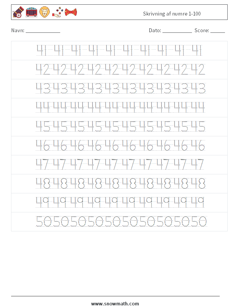 Skrivning af numre 1-100 Matematiske regneark 10