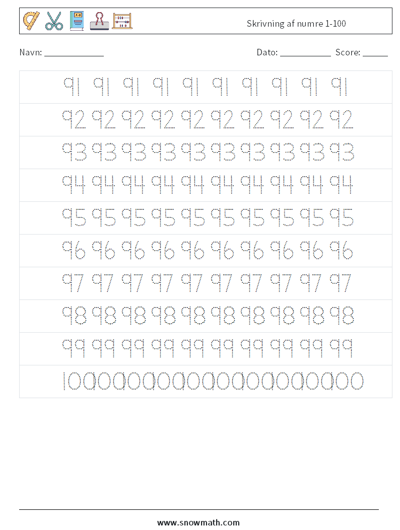 Skrivning af numre 1-100 Matematiske regneark 19